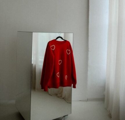 Red Oversized Sweatshirt with Sparkling Heart Details