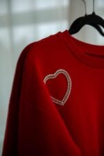 Red Oversized Sweatshirt with Sparkling Heart Details - Image 3