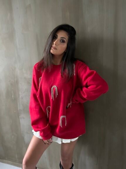 Limited Edition Oversized Red Sweatshirt with Hanging Rhinestone Arches